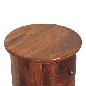 Chestnut Sheesham Drum Chest | 3 Drawer Storage | Rounded Bedroom Cabinet
