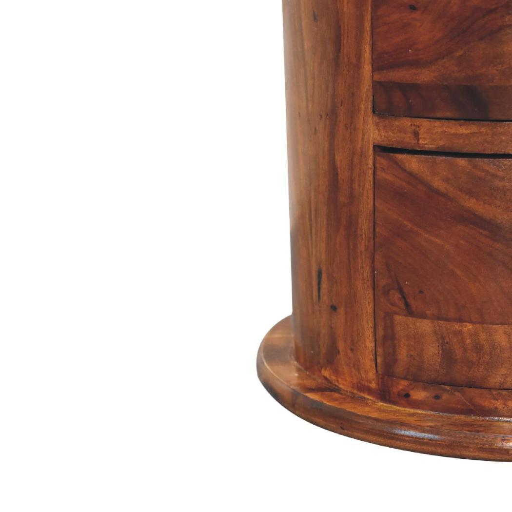Chestnut Sheesham Drum Chest | 3 Drawer Storage | Rounded Bedroom Cabinet