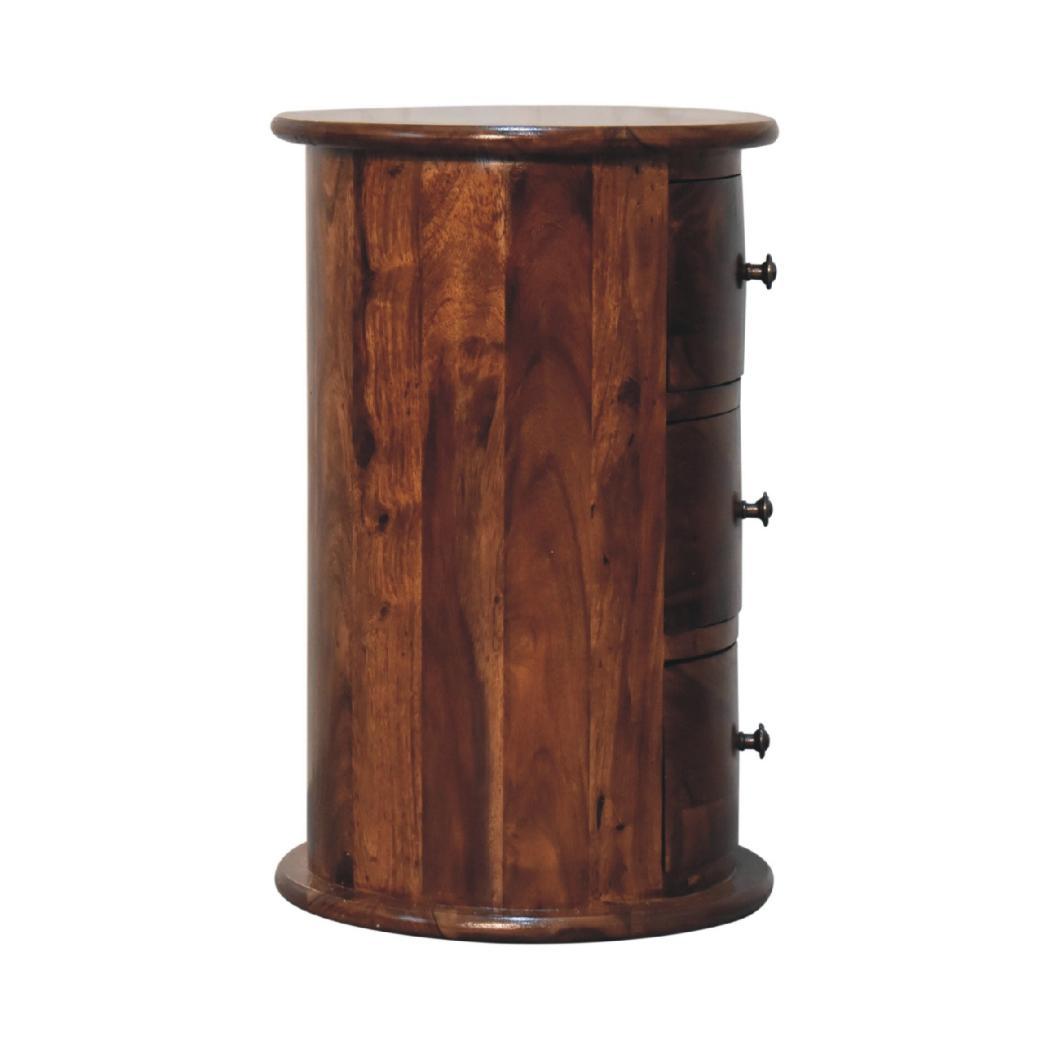Chestnut Sheesham Drum Chest | 3 Drawer Storage | Rounded Bedroom Cabinet