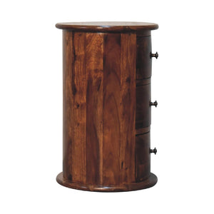 Chestnut Sheesham Drum Chest | 3 Drawer Storage | Rounded Bedroom Cabinet