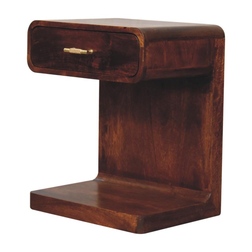 Chestnut T-Bar Rounded Bedside Table | Solid Mango Wood | Curved Storage