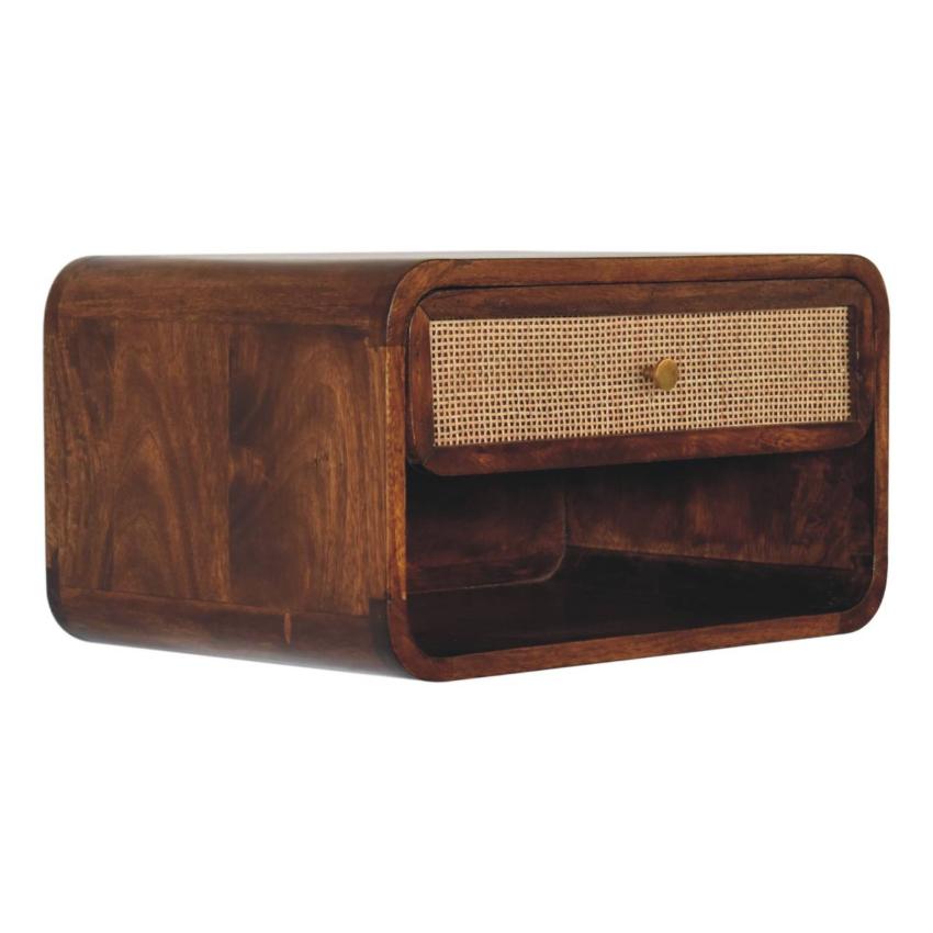 Chestnut Wall Mounted Woven Bedside | Solid Mango Wood | Open Shelf