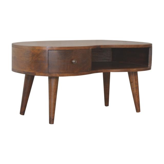 Chestnut Wave Coffee Table | Solid Mango Wood | 1 Drawer & Open Shelf