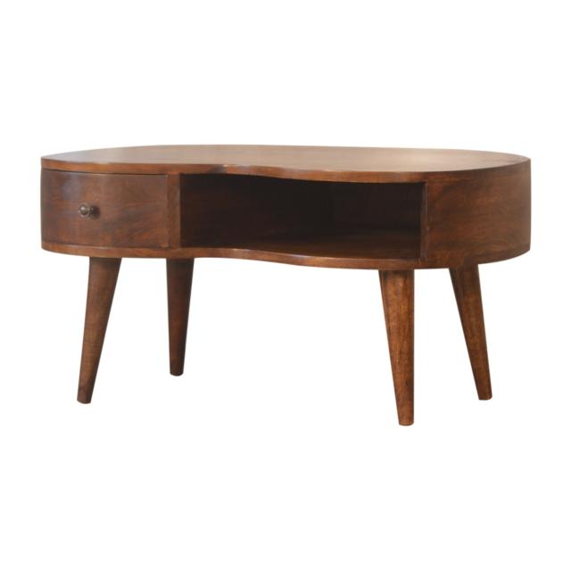 Chestnut Wave Coffee Table | Solid Mango Wood | 1 Drawer & Open Shelf