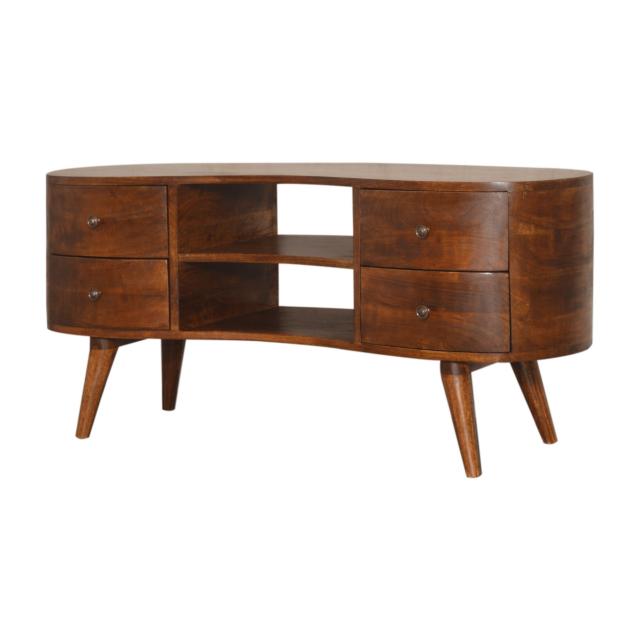 Chestnut Wave Media Unit | Solid Mango Wood | 4 Drawers & 2 Open Shelves