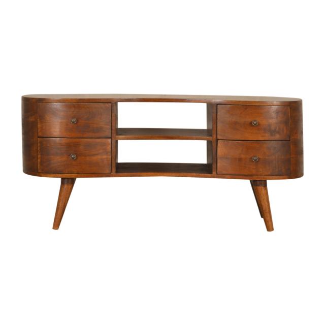 Chestnut Wave Media Unit | Solid Mango Wood | 4 Drawers & 2 Open Shelves