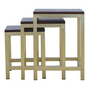 Chunky Mango Wood Nesting Stools | Set of 3 | Gold Metal Frames