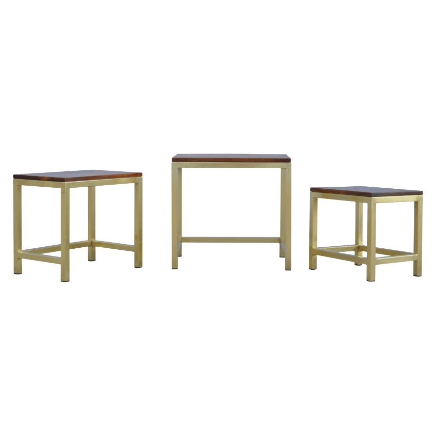 Chunky Mango Wood Nesting Stools | Set of 3 | Gold Metal Frames