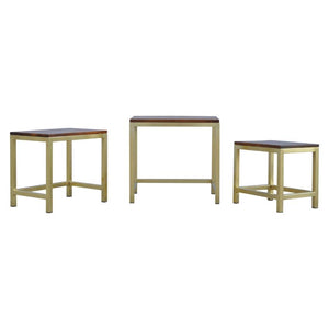 Chunky Mango Wood Nesting Stools | Set of 3 | Gold Metal Frames