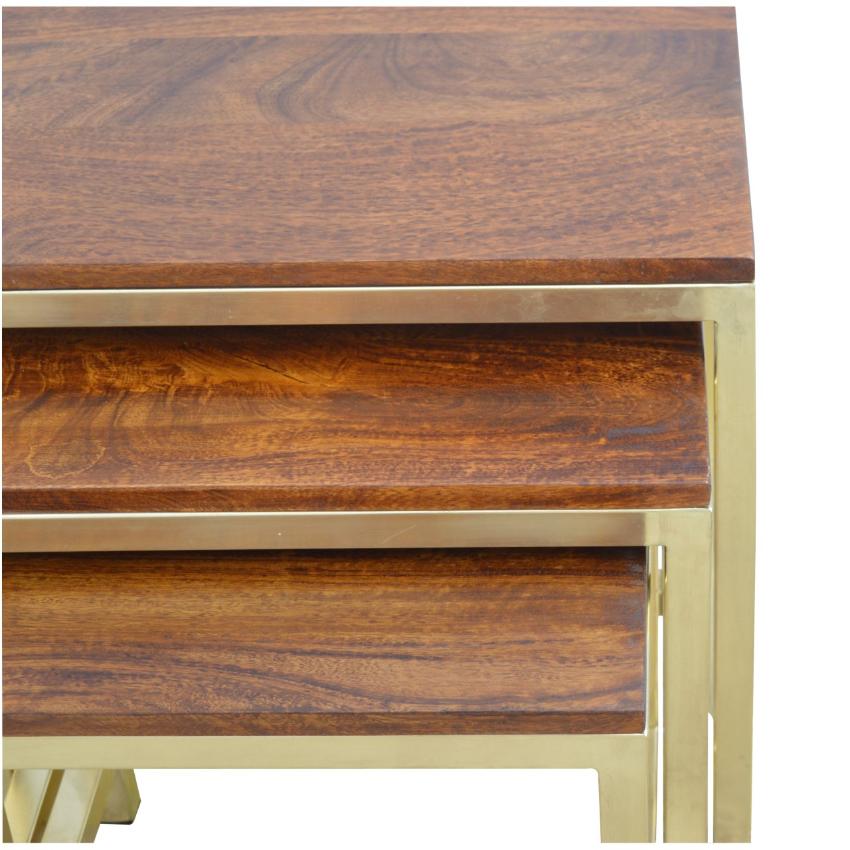 Chunky Mango Wood Nesting Stools | Set of 3 | Gold Metal Frames