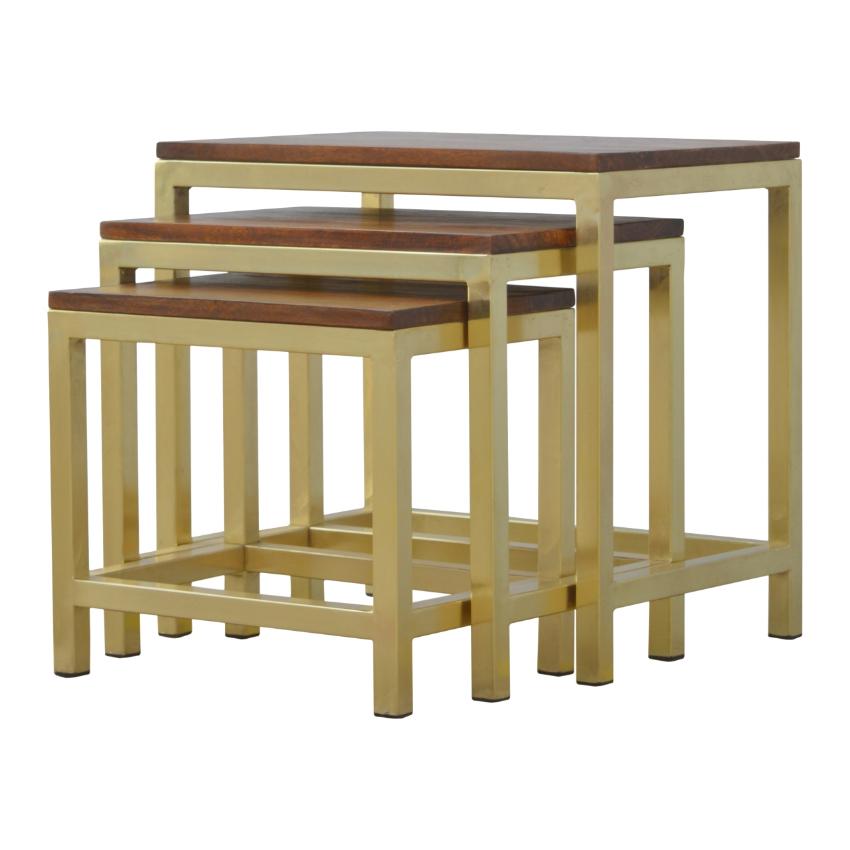 Chunky Mango Wood Nesting Stools | Set of 3 | Gold Metal Frames