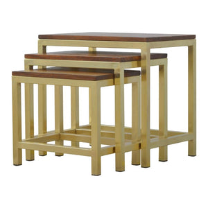 Chunky Mango Wood Nesting Stools | Set of 3 | Gold Metal Frames