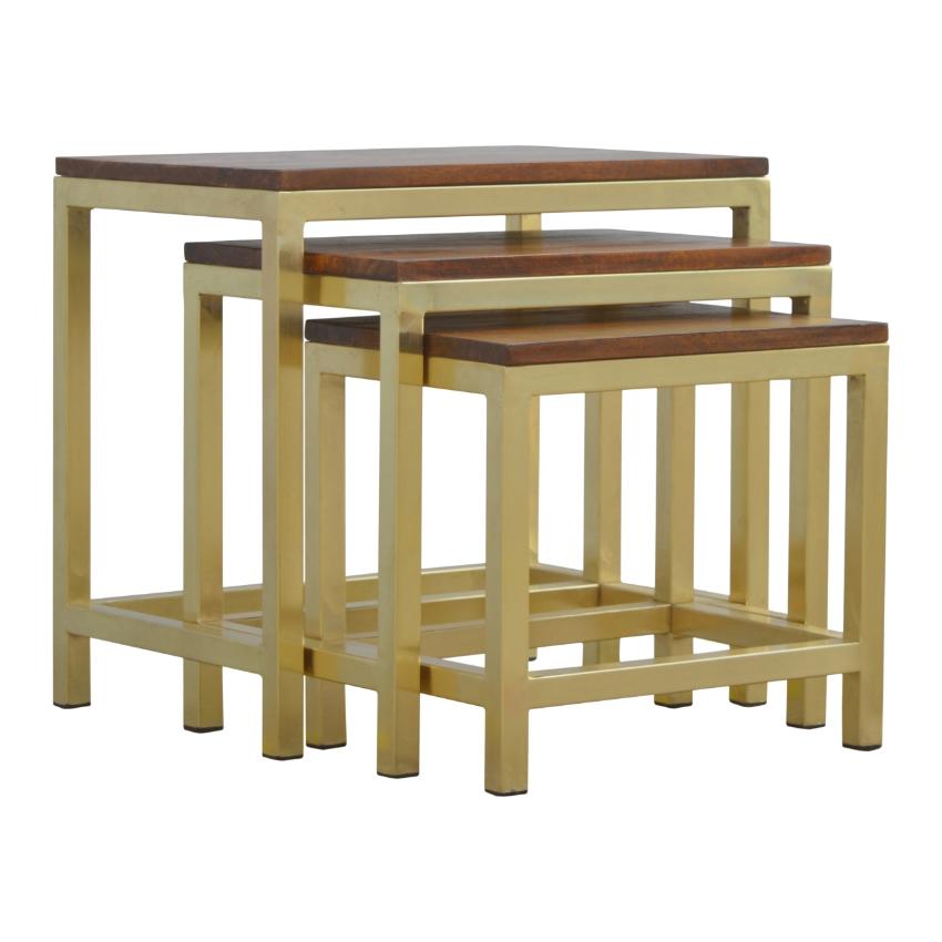 Chunky Mango Wood Nesting Stools | Set of 3 | Gold Metal Frames