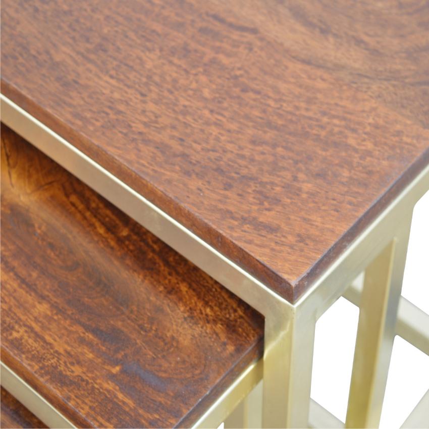 Chunky Mango Wood Nesting Stools | Set of 3 | Gold Metal Frames