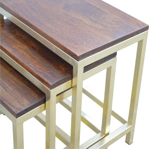 Chunky Mango Wood Nesting Stools | Set of 3 | Gold Metal Frames