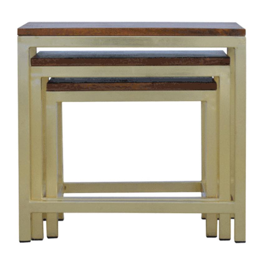 Chunky Mango Wood Nesting Stools | Set of 3 | Gold Metal Frames