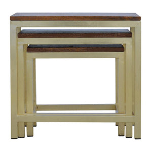 Chunky Mango Wood Nesting Stools | Set of 3 | Gold Metal Frames