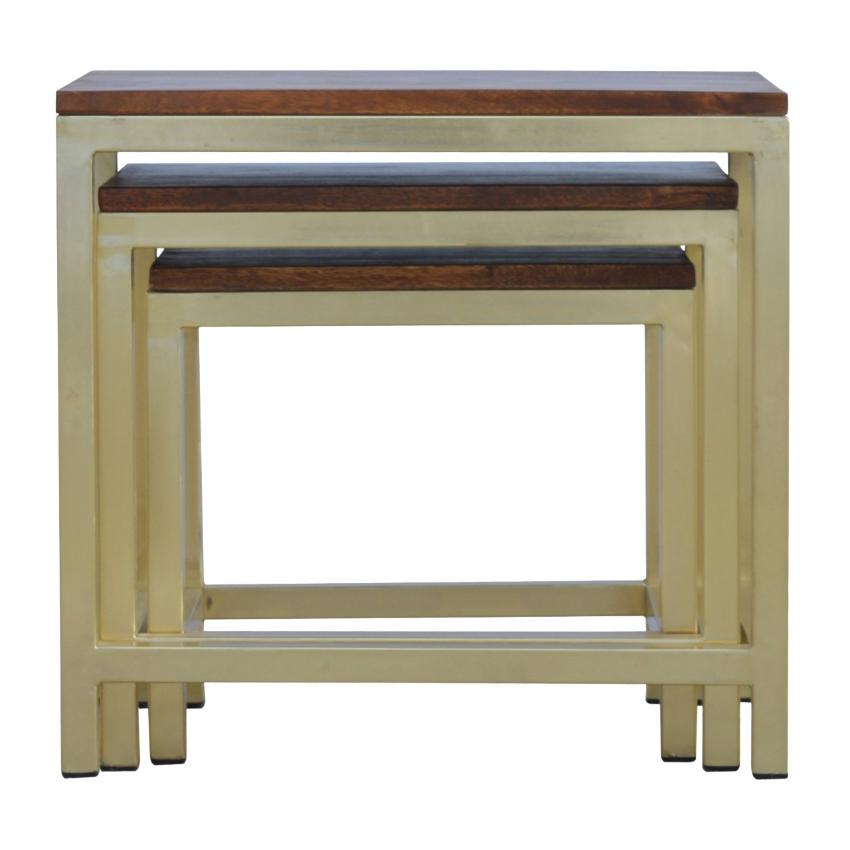 Chunky Mango Wood Nesting Stools | Set of 3 | Gold Metal Frames