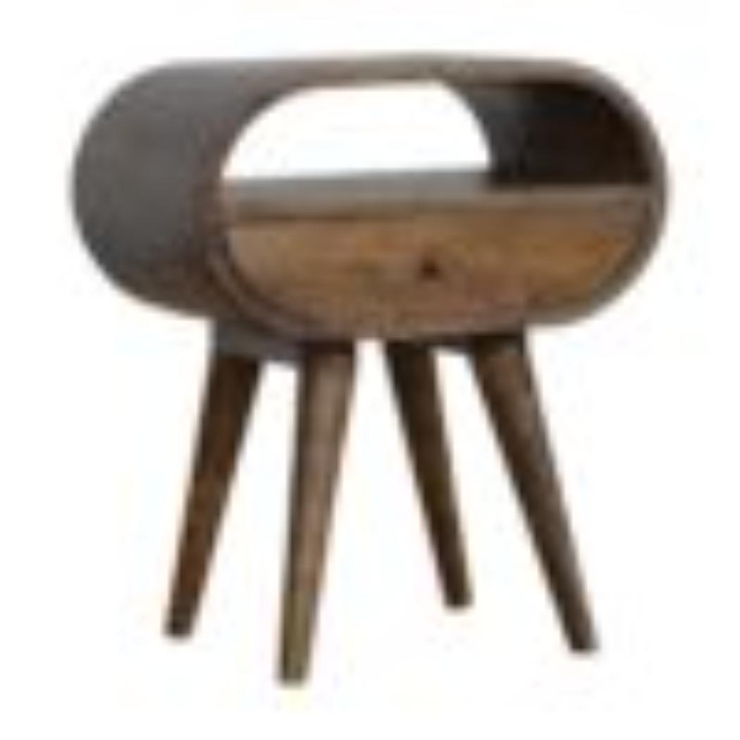 Circular Bedside Table | Solid Mango Wood | Grey Wash Finish | Round Bedroom Storage
