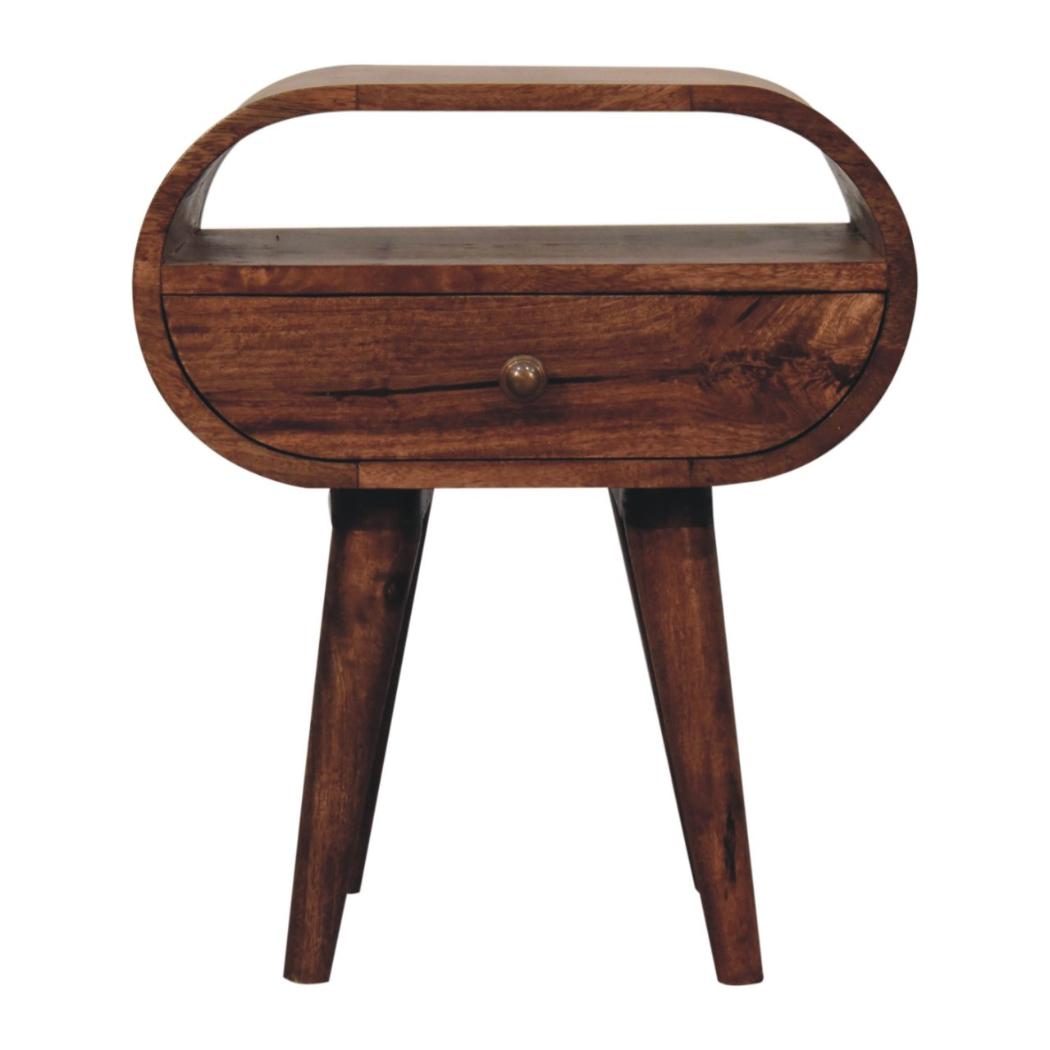Circular Bedside Table | Solid Mango Wood | Honey Caramel Finish | Open Shelf