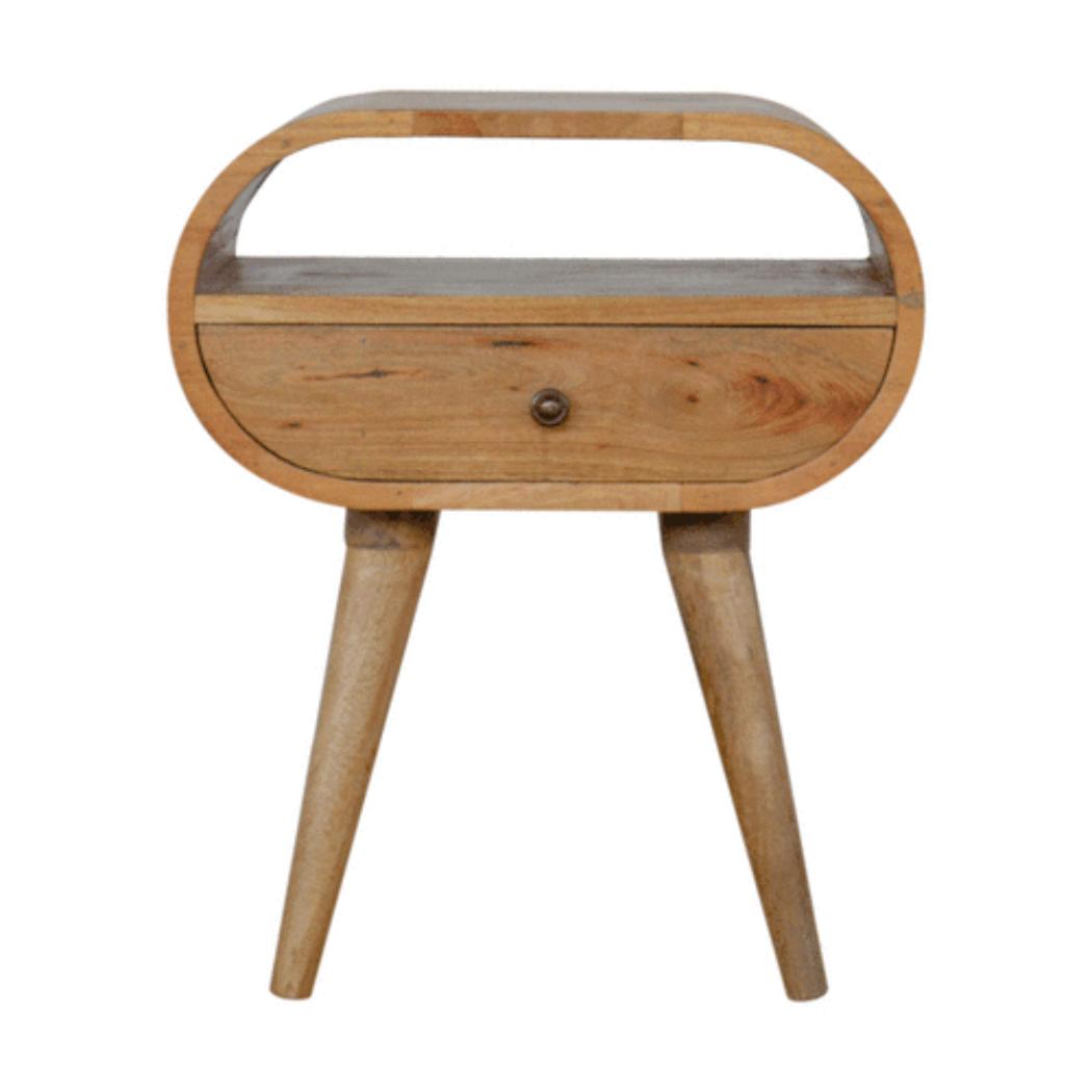 Circular Open Bedside Table | Solid Mango Wood | Oak Finish | 1 Drawer Bedroom Furniture