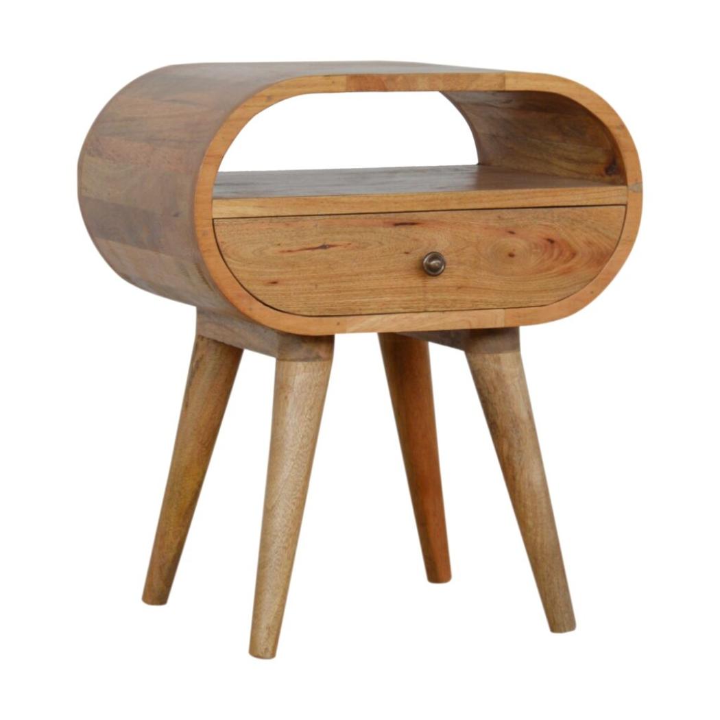 Circular Open Bedside Table | Solid Mango Wood | Oak Finish | 1 Drawer Bedroom Furniture