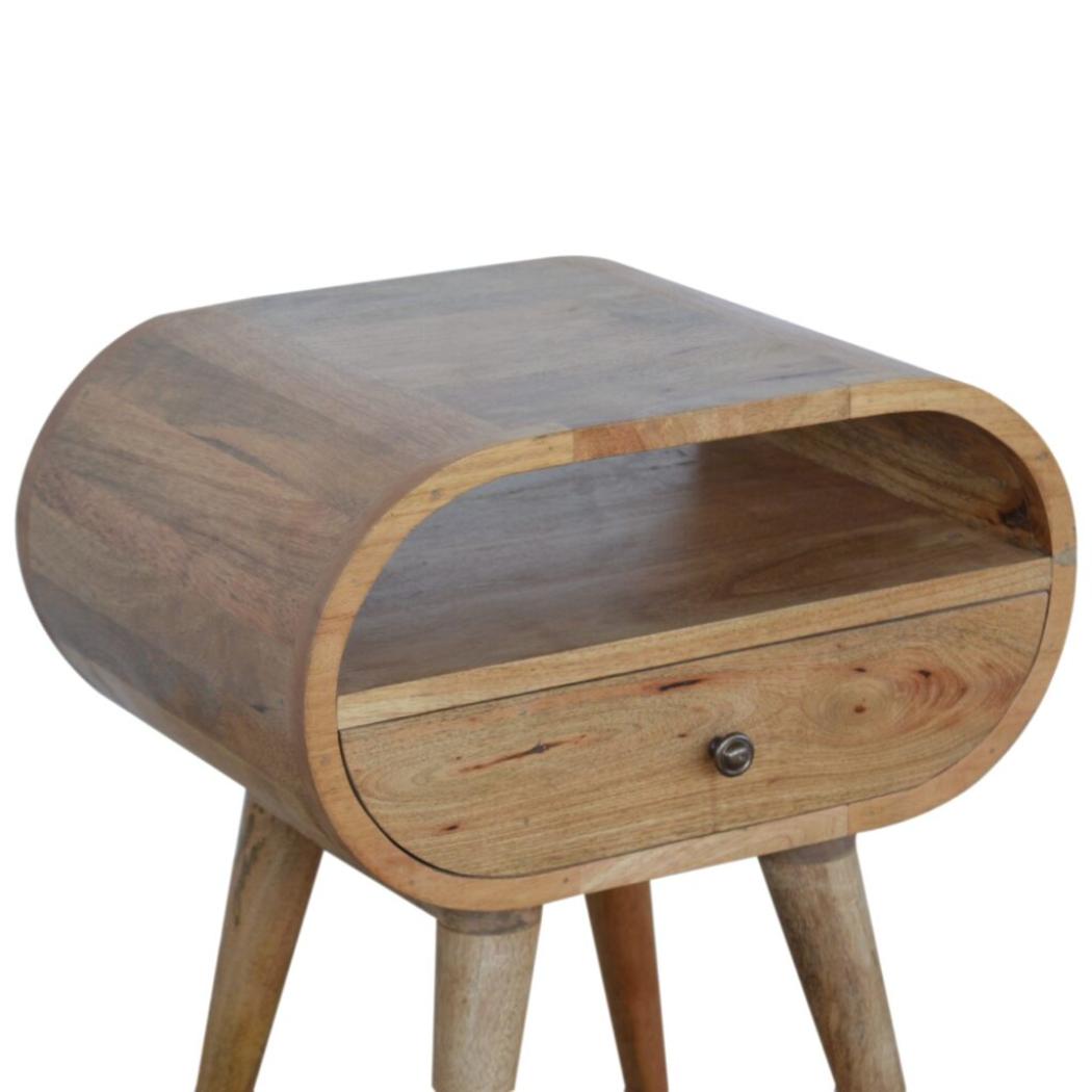 Circular Open Bedside Table | Solid Mango Wood | Oak Finish | 1 Drawer Bedroom Furniture