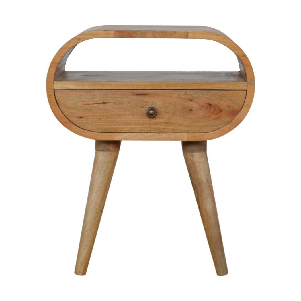 Circular Open Bedside Table | Solid Mango Wood | Oak Finish | 1 Drawer Bedroom Furniture