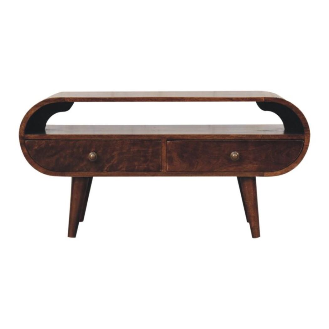 Circular TV Unit | Solid Mango Wood | California Walnut Finish | 2 Drawer Entertainment Unit with Open Shelf