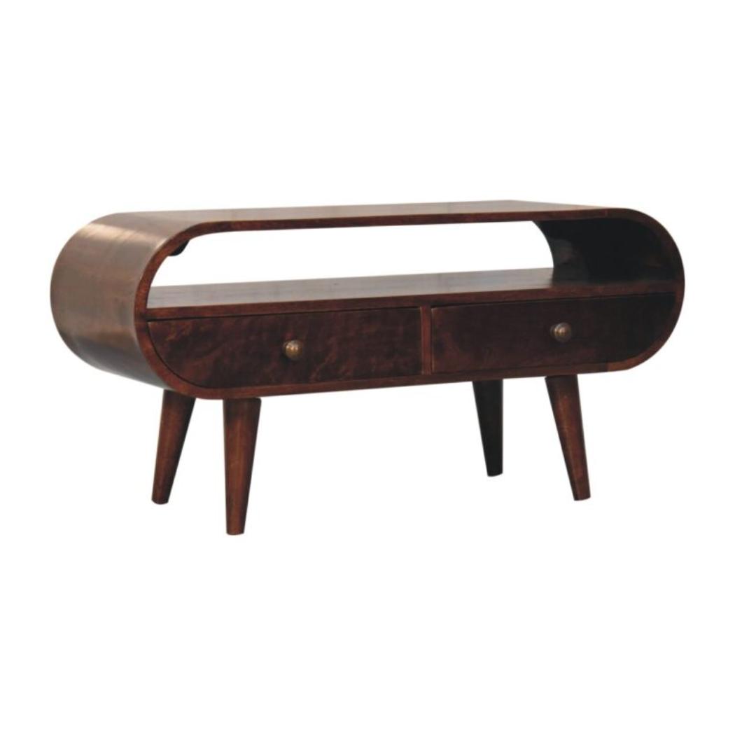 Circular TV Unit | Solid Mango Wood | California Walnut Finish | 2 Drawer Entertainment Unit with Open Shelf