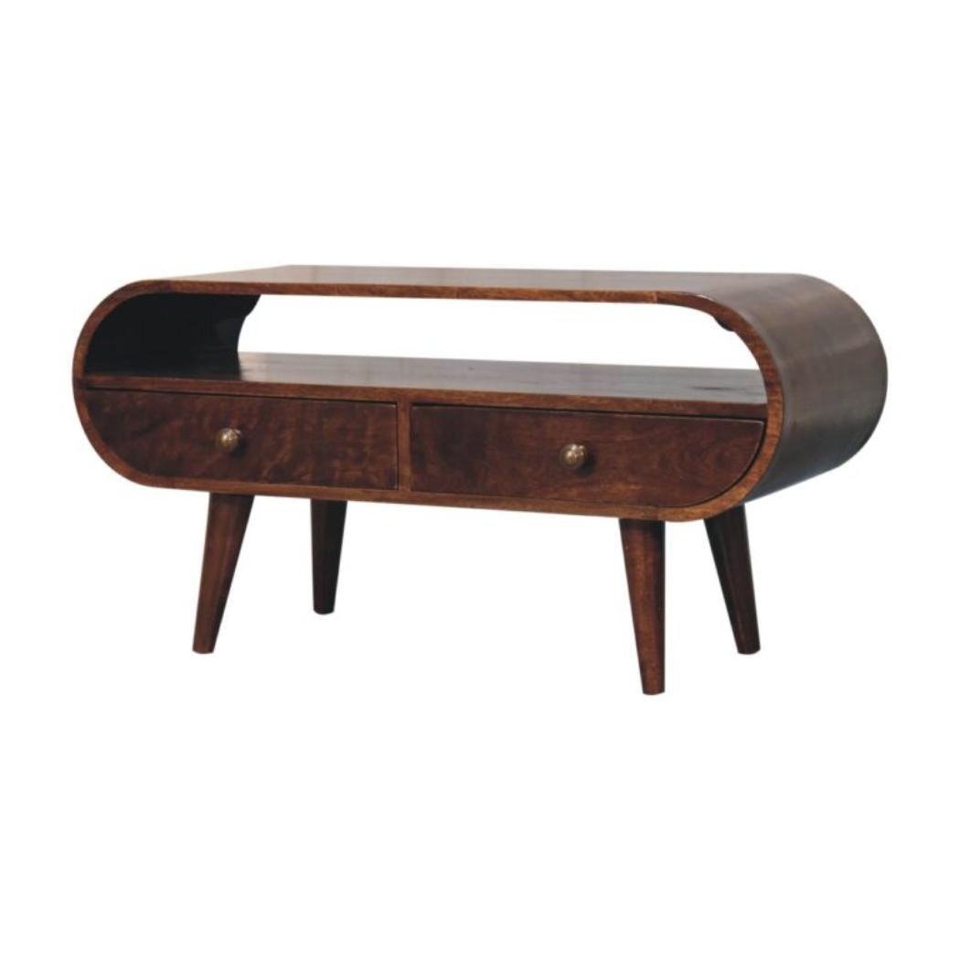 Circular TV Unit | Solid Mango Wood | California Walnut Finish | 2 Drawer Entertainment Unit with Open Shelf