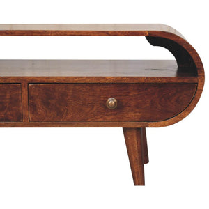 Circular TV Unit | Solid Mango Wood | California Walnut Finish | 2 Drawer Entertainment Unit with Open Shelf