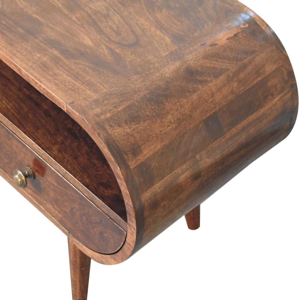 Circular TV Unit | Solid Mango Wood | California Walnut Finish | 2 Drawer Entertainment Unit with Open Shelf