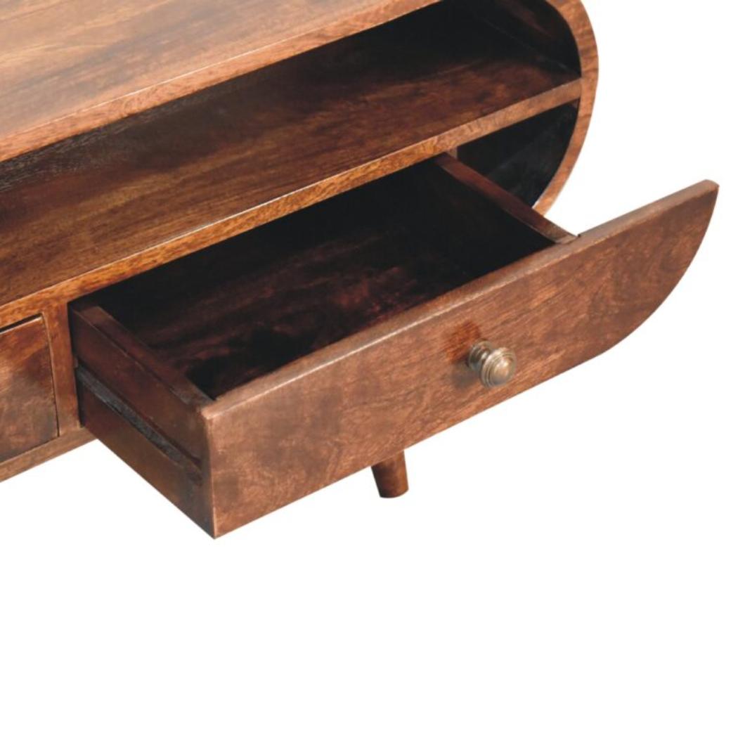 Circular TV Unit | Solid Mango Wood | California Walnut Finish | 2 Drawer Entertainment Unit with Open Shelf
