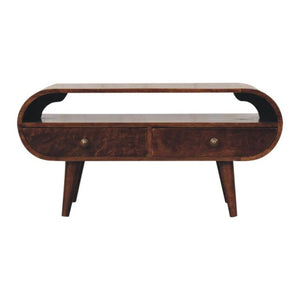 Circular TV Unit | Solid Mango Wood | California Walnut Finish | 2 Drawer Entertainment Unit with Open Shelf