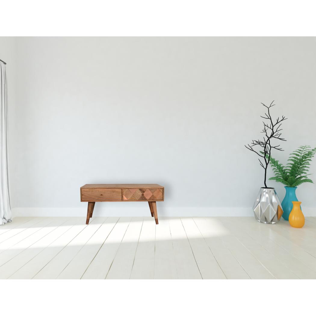 Copper Mosaic Coffee Table | Solid Mango Wood | Oak Finish | 2 Drawers