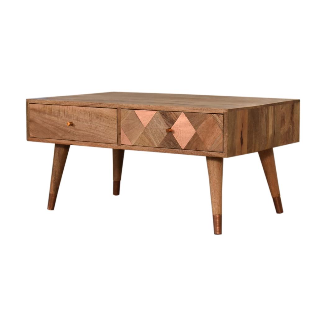 Copper Mosaic Coffee Table | Solid Mango Wood | Oak Finish | 2 Drawers