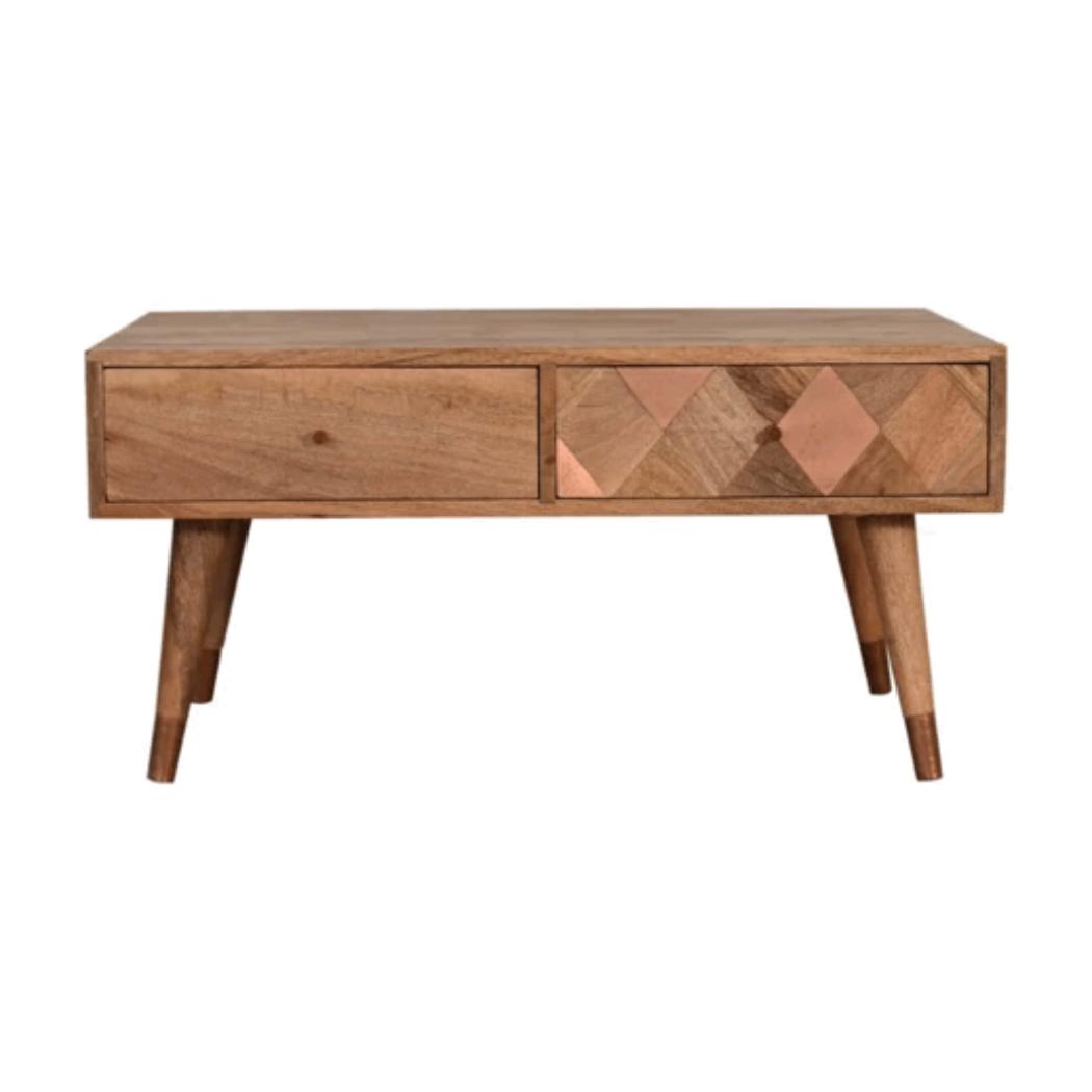 Copper Mosaic Coffee Table | Solid Mango Wood | Oak Finish | 2 Drawers