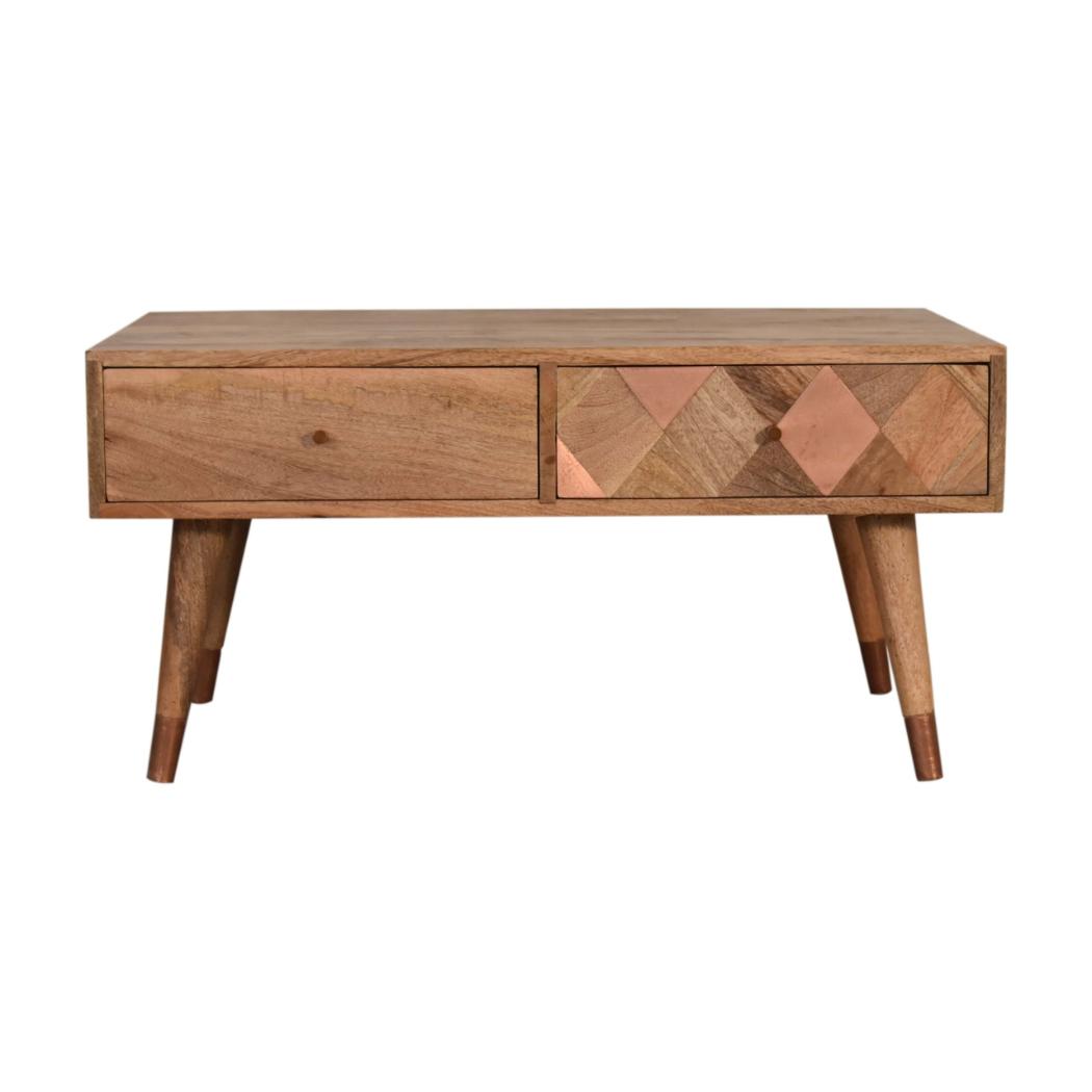 Copper Mosaic Coffee Table | Solid Mango Wood | Oak Finish | 2 Drawers