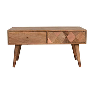 Copper Mosaic Coffee Table | Solid Mango Wood | Oak Finish | 2 Drawers