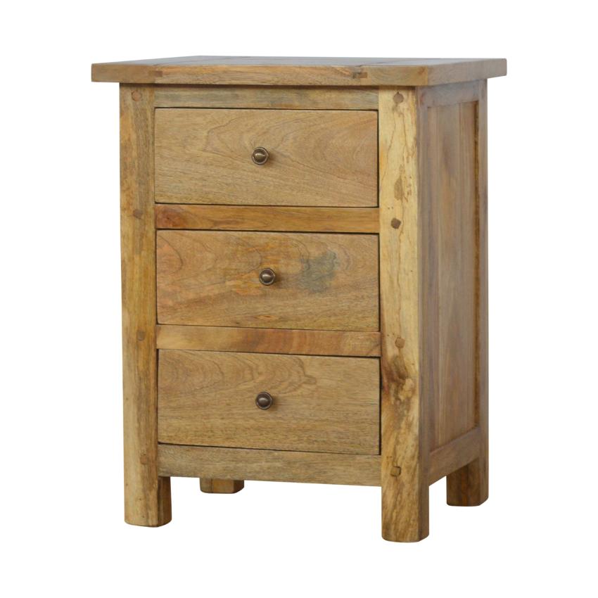 Country Mango Wood Bedside Table | 3 Drawers | Farmhouse Style