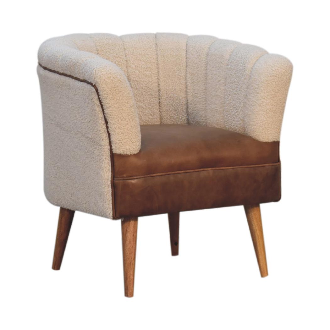 Cream Bouclé & Buffalo Leather Armchair | Mixed Texture Accent Chair | Soft Neutral Style