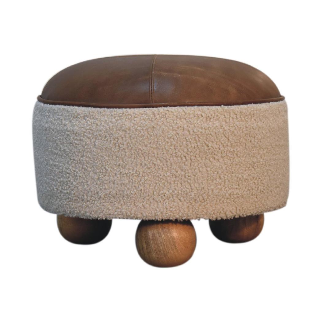 Cream Bouclé & Buffalo Leather Footstool | Mixed Texture Ottoman | Soft Accent Seating