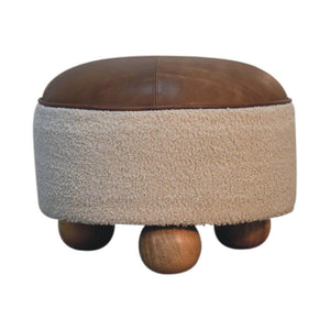 Cream Bouclé & Buffalo Leather Footstool | Mixed Texture Ottoman | Soft Accent Seating