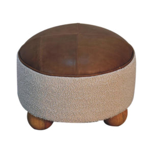 Cream Bouclé & Buffalo Leather Footstool | Mixed Texture Ottoman | Soft Accent Seating