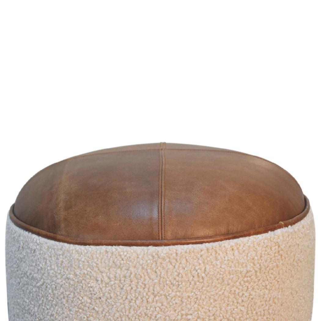 Cream Bouclé & Buffalo Leather Footstool | Mixed Texture Ottoman | Soft Accent Seating