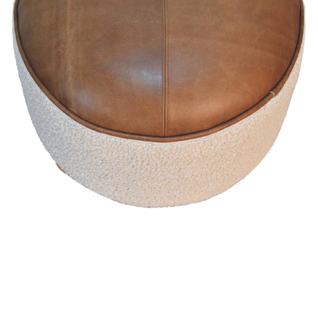 Cream Bouclé & Buffalo Leather Footstool | Mixed Texture Ottoman | Soft Accent Seating