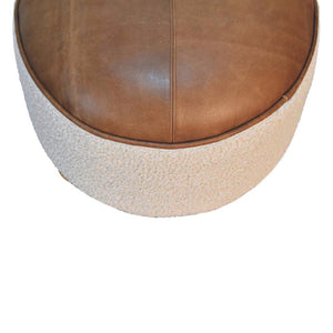 Cream Bouclé & Buffalo Leather Footstool | Mixed Texture Ottoman | Soft Accent Seating
