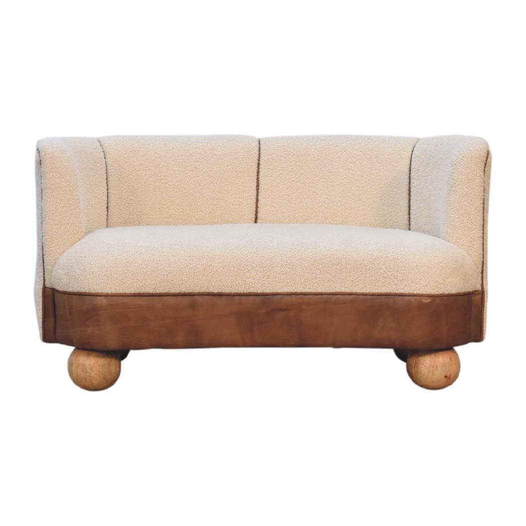 Cream Bouclé & Buffalo Leather Sofa | Compact Upholstered Seating | Mixed Texture Design