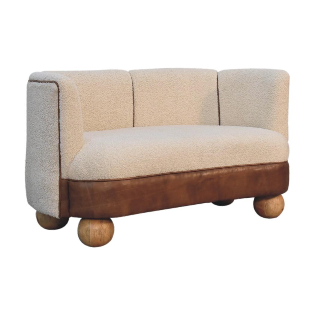 Cream Bouclé & Buffalo Leather Sofa | Compact Upholstered Seating | Mixed Texture Design